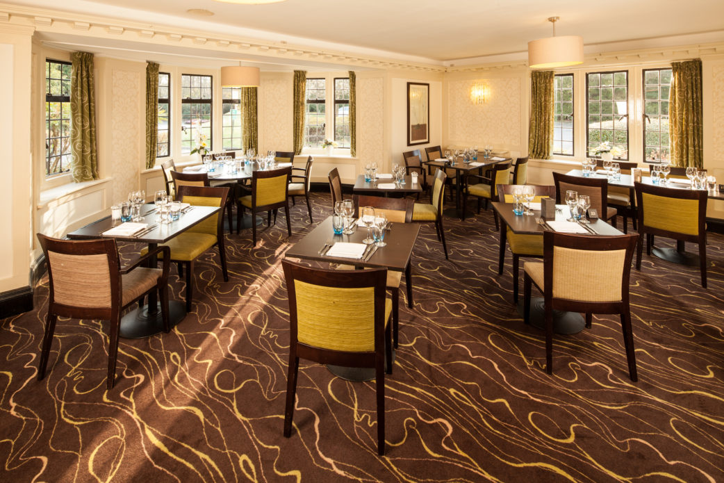The Mallows Restaurant at Mercure Tunbridge Wells Hotel, brown and gold decor